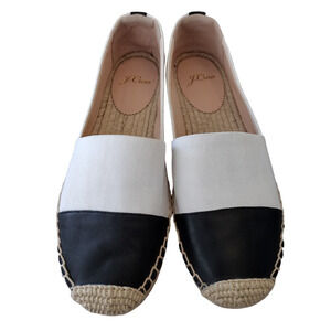J. Crew EUC! White & Black Leather & Canvas Upper Espadrille Slip-On Flats Shoes